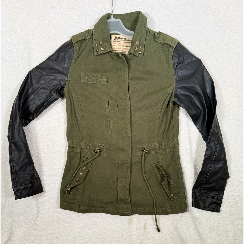 Dollhouse Military Utility Jacket Olive Green Faux Leather Sleeves Studded Small